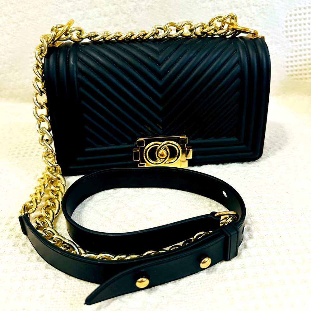 Black Geometric and Gold Chain Bag